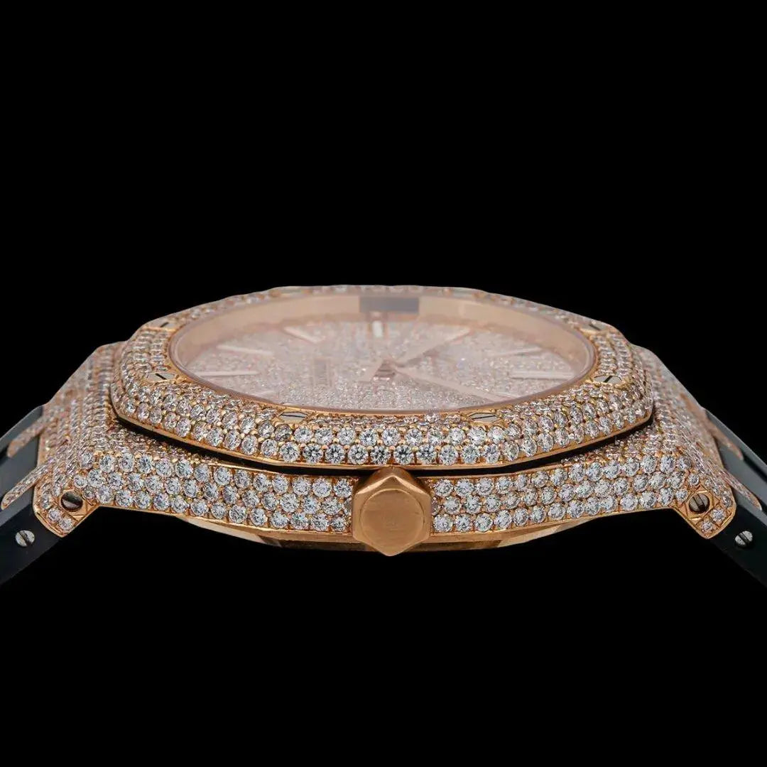 AP Royal Oak Stick Markers Dial Black Rubber Strap Semi Iced Out Moissanite Watch Crown View