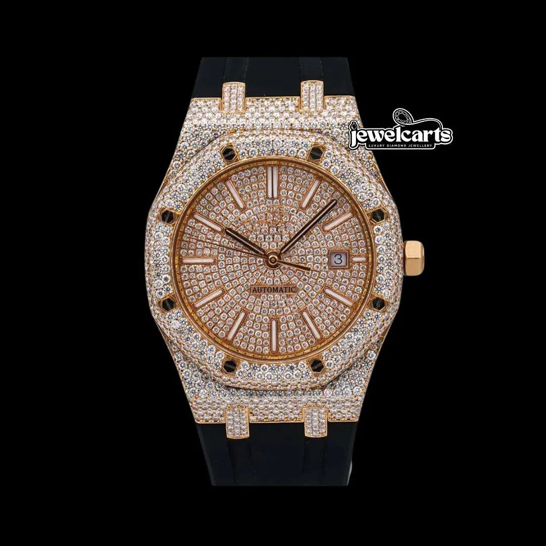 AP Royal Oak Stick Markers Dial Black Rubber Strap Semi Iced Out Moissanite Watch Front View