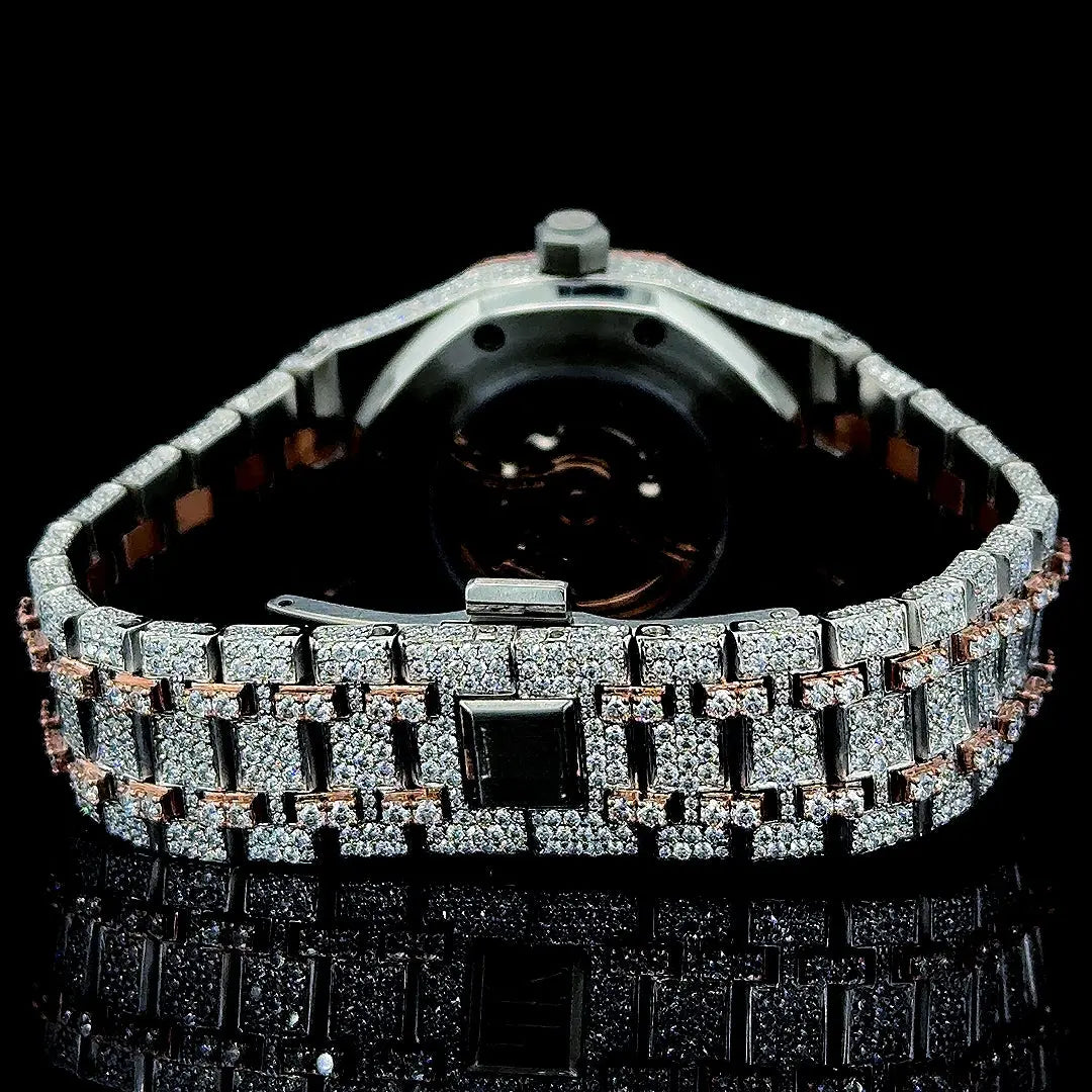 AP Royal Oak Stick Markers Dial Fully Iced Out Two Tone Moissanite Watch Caseback View