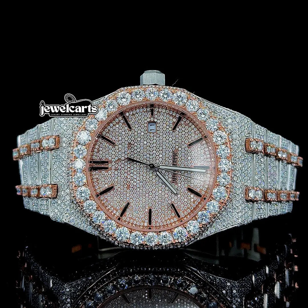 AP Royal Oak Stick Markers Dial Fully Iced Out Two Tone Moissanite Watch Front View