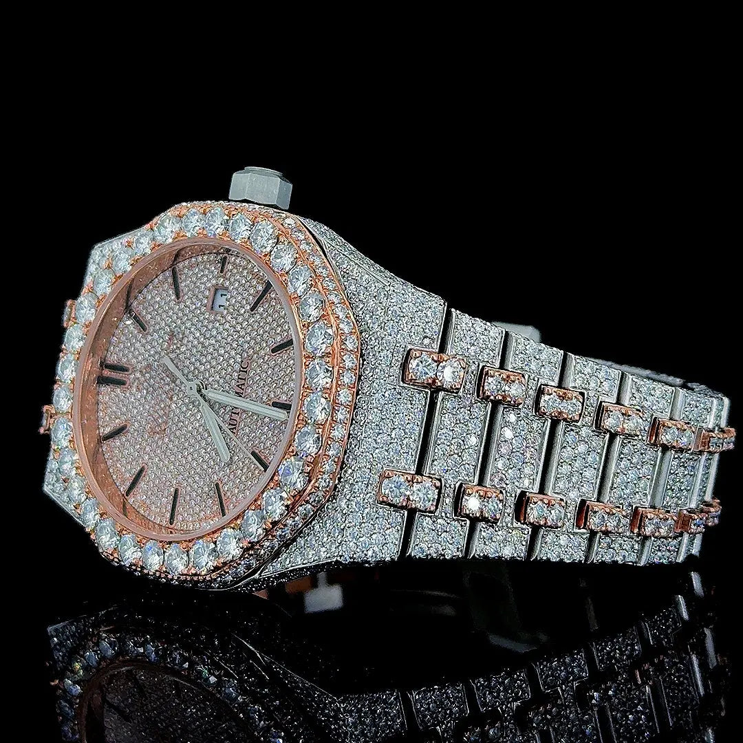AP Royal Oak Stick Markers Dial Fully Iced Out Two Tone Moissanite Watch Left Profile View