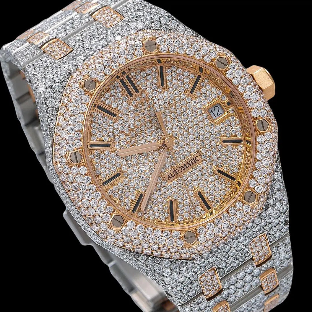 AP Royal Oak Stick Markers Rose Gold Dial Two Tone Iced Out Moissanite Watch Close Up Dial View