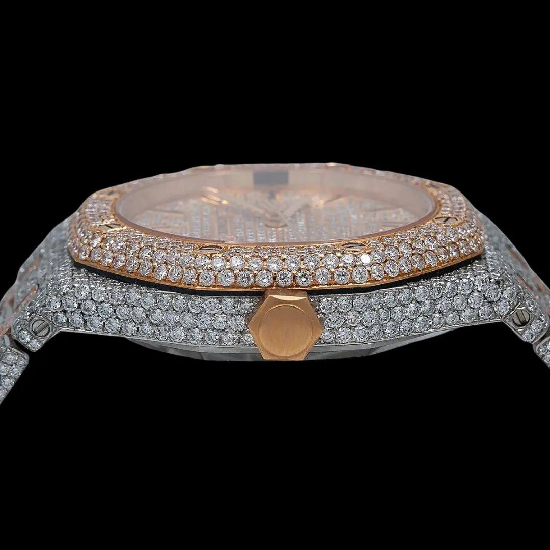 AP Royal Oak Stick Markers Rose Gold Dial Two Tone Iced Out Moissanite Watch Crown View