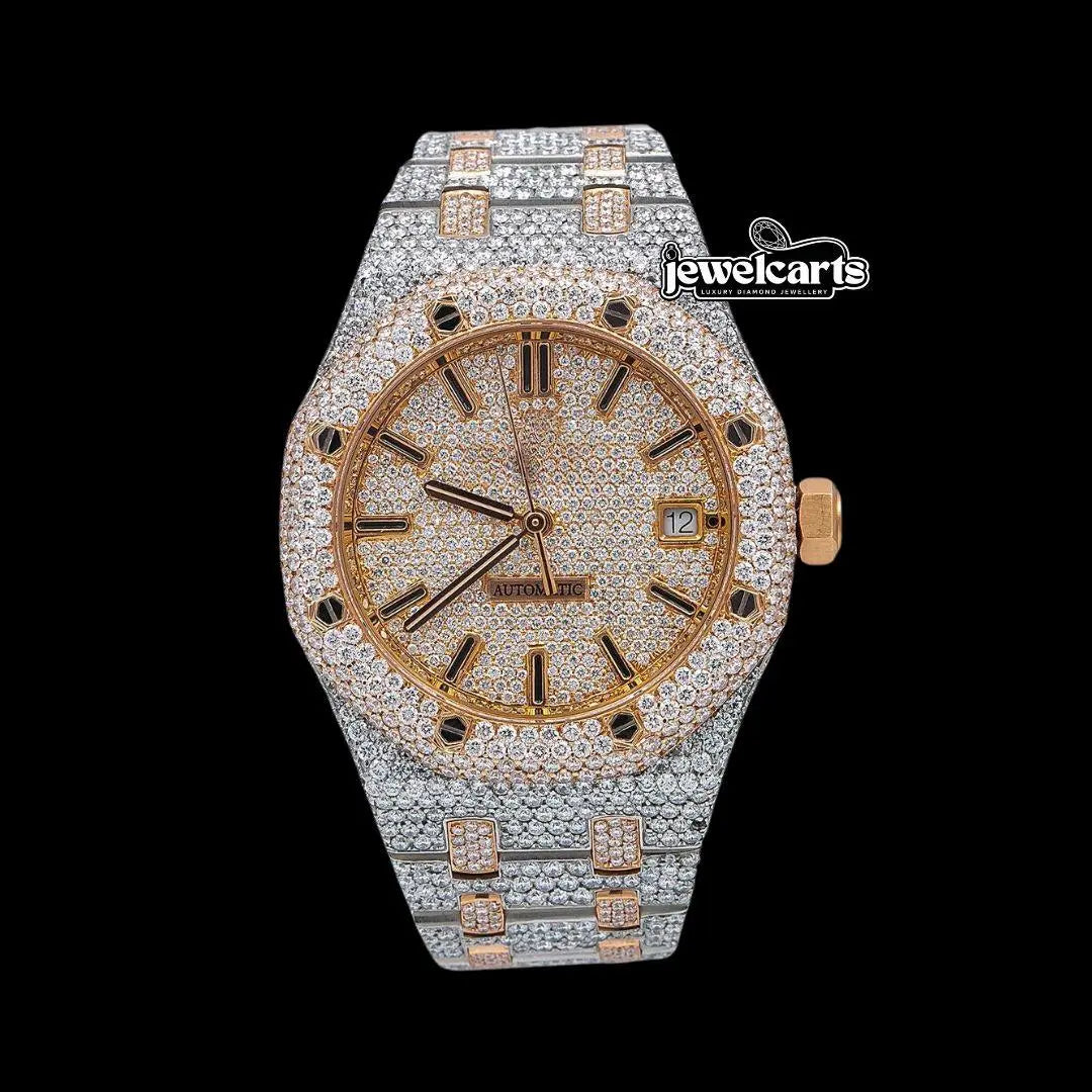 AP Royal Oak Stick Markers Rose Gold Dial Two Tone Iced Out Moissanite Watch Front View