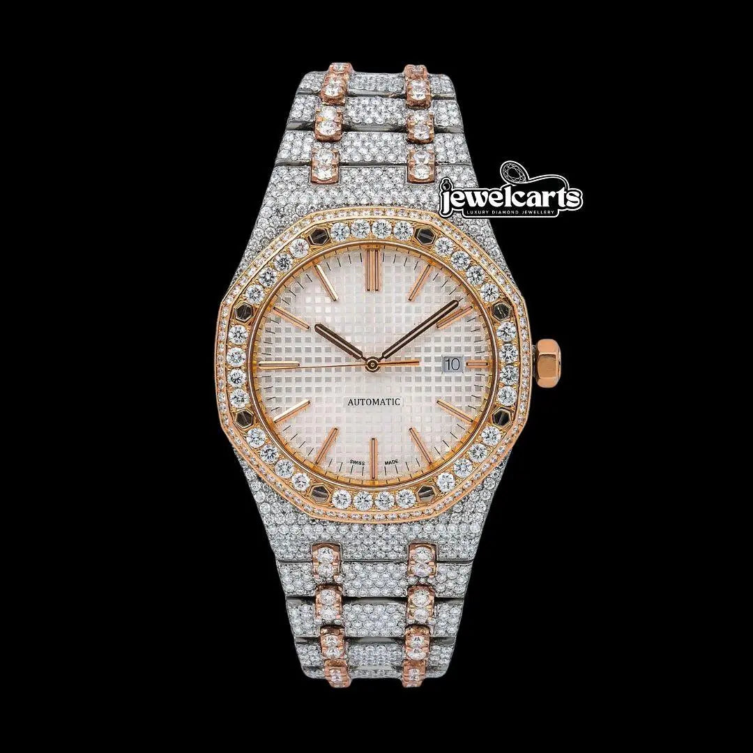 AP Royal Oak White Dial Stick Markers Diamond Bezel Two Tone Rose Gold Moissanite Watch Front View