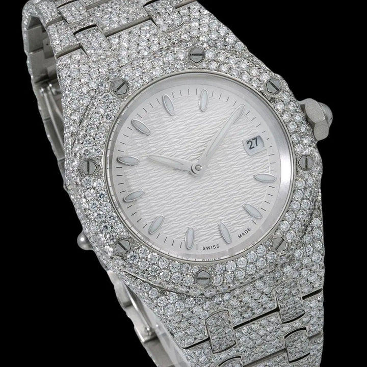 AP Royal Oak White Dial White Stick Markers Fully Iced Out Moissanite Watch Close Up Dial View