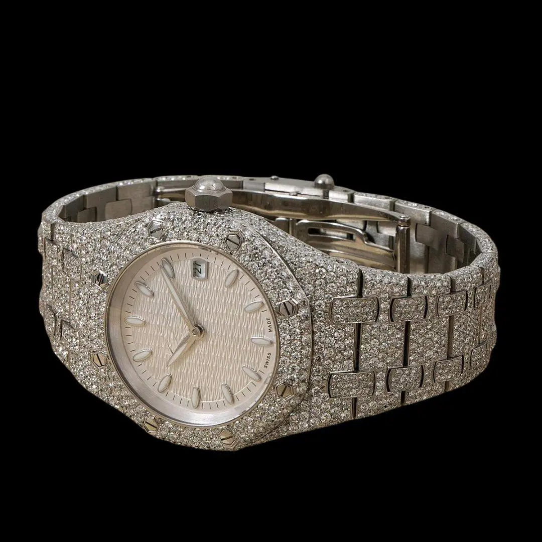 AP Royal Oak White Dial White Stick Markers Fully Iced Out Moissanite Watch Close Up Front View