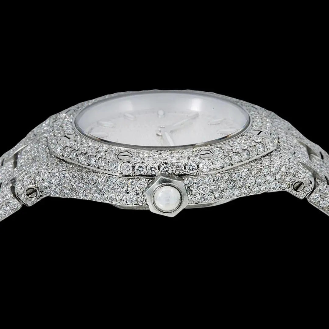 AP Royal Oak White Dial White Stick Markers Fully Iced Out Moissanite Watch Crown View