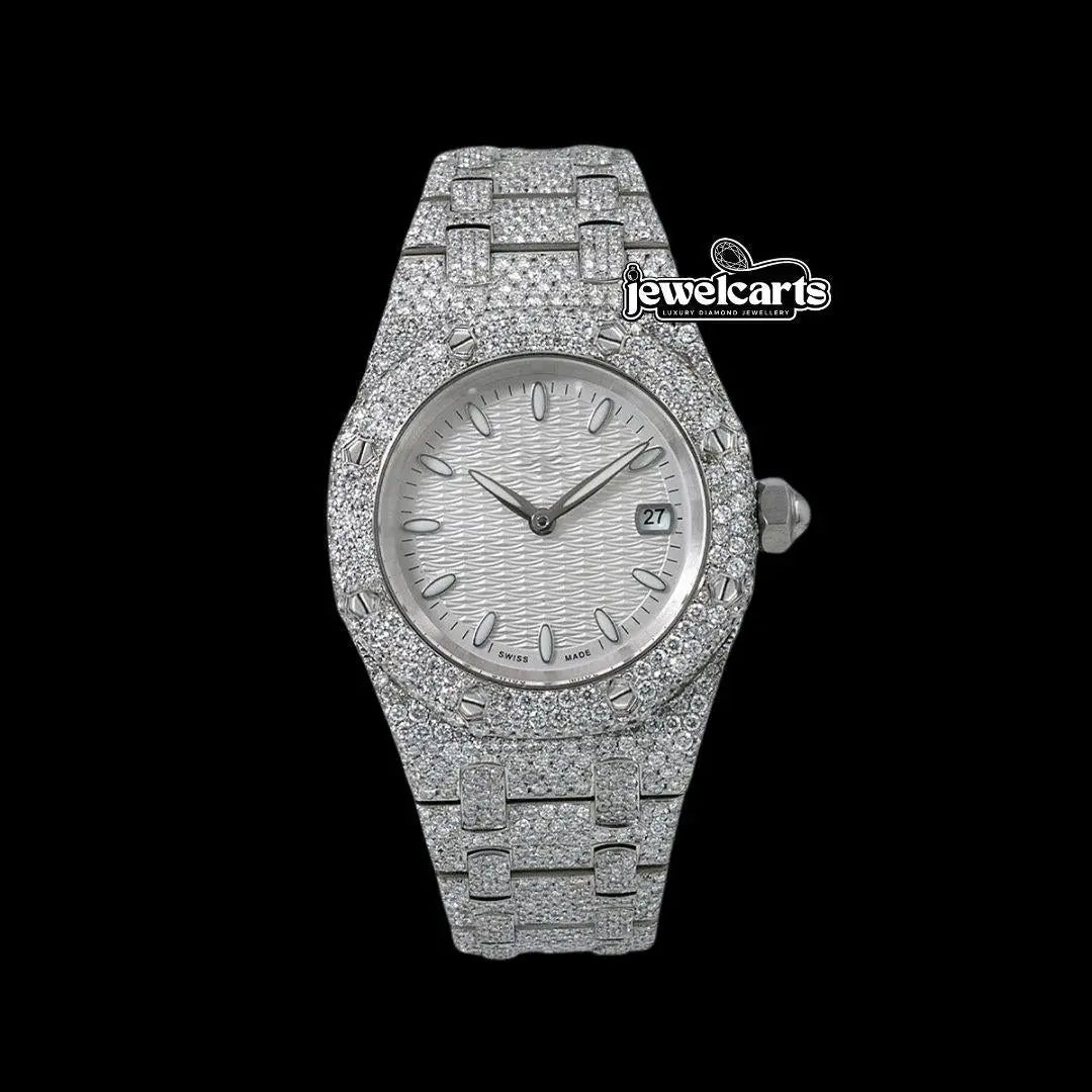 AP Royal Oak White Dial White Stick Markers Fully Iced Out Moissanite Watch Front View