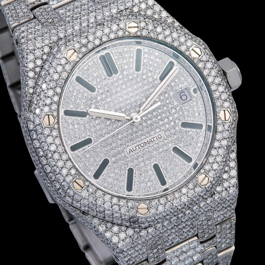 AP Royal Oak White Diamond Dial Black Stick Markers Fully Iced Out Moissanite Watch Close Up Dial View