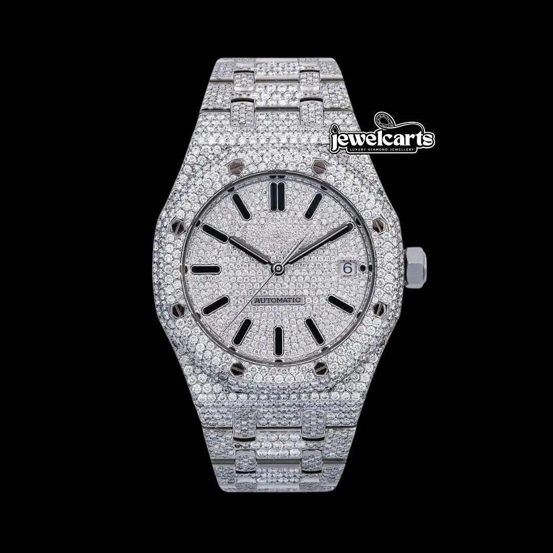 AP Royal Oak White Diamond Dial Black Stick Markers Fully Iced Out Moissanite Watch Front View