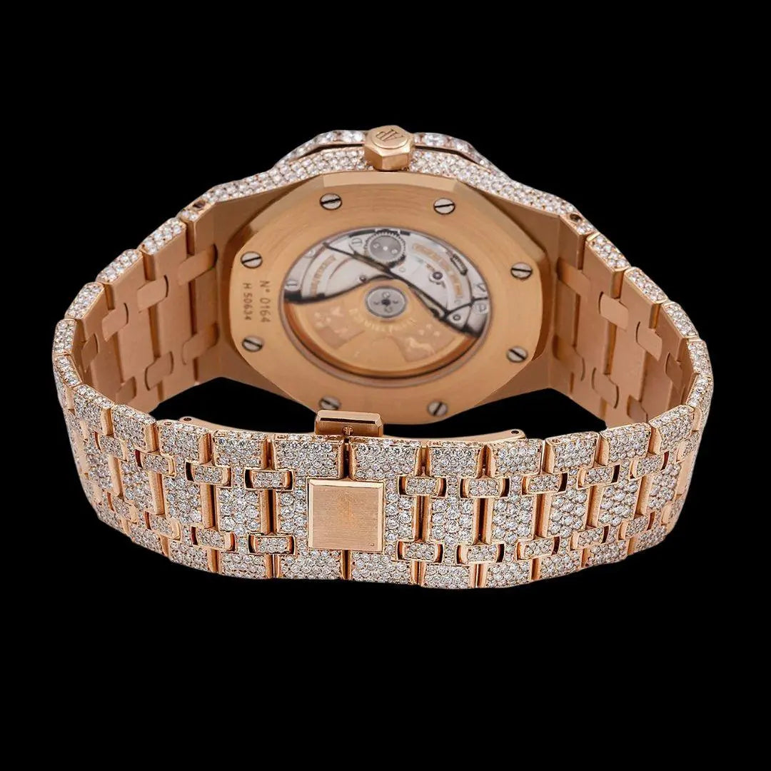 AP Royal Oak White Diamond Dial Stick Markers Fully Iced Out Rose Gold Moissanite Watch Caseback View