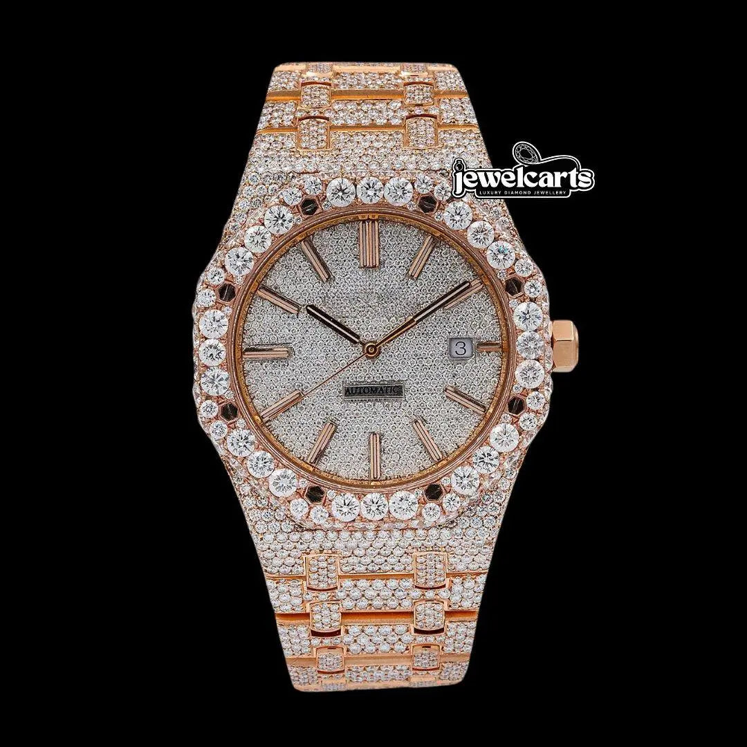AP Royal Oak White Diamond Dial Stick Markers Fully Iced Out Rose Gold Moissanite Watch Front View