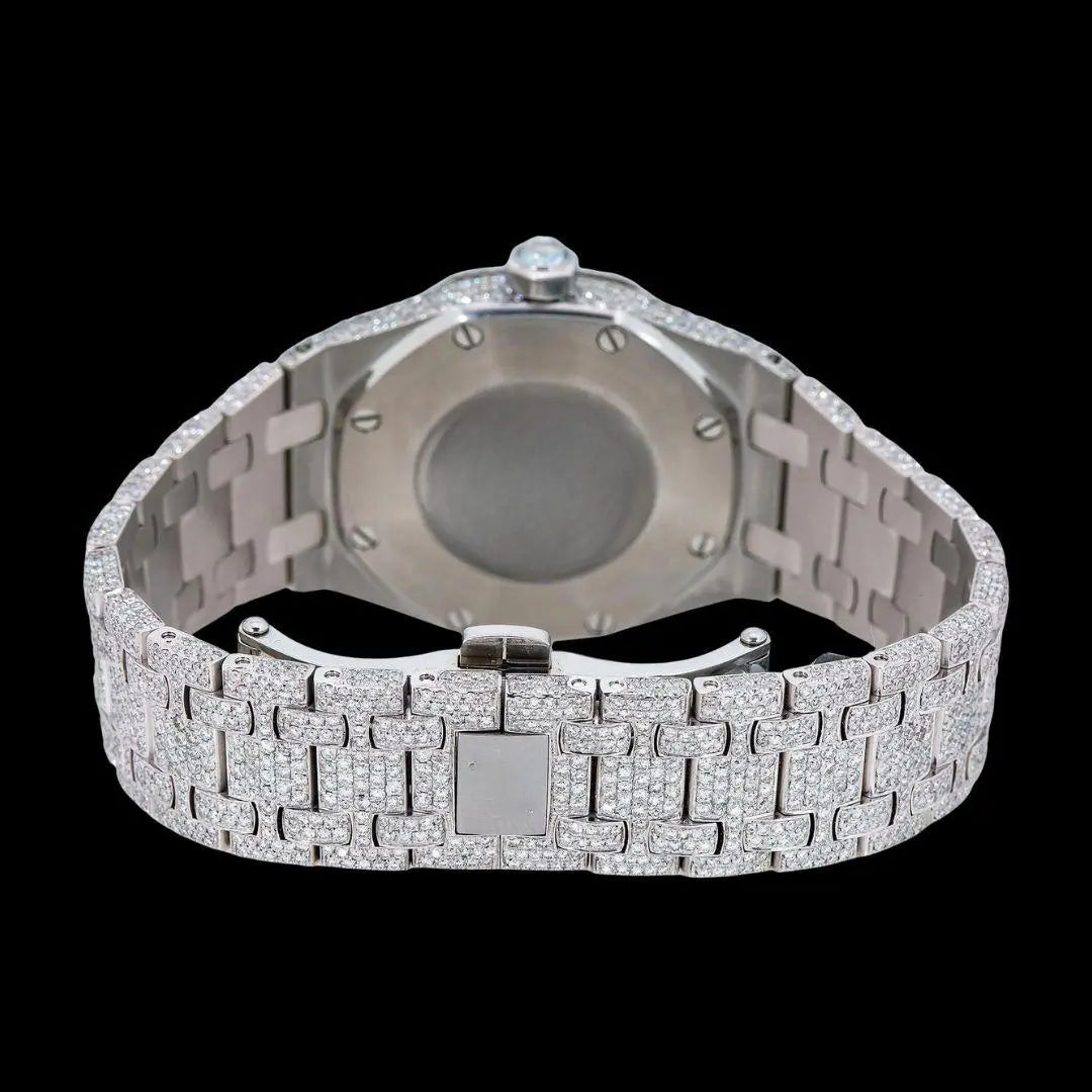 AP Royal Oak White Stick Markers Black Dial Fully Iced Out Moissanite Watch Caseback View