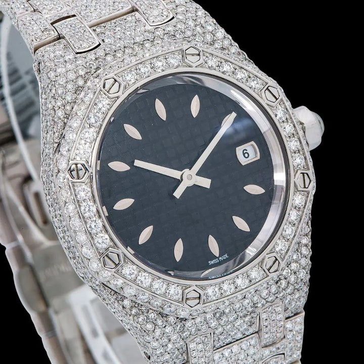 AP Royal Oak White Stick Markers Black Dial Fully Iced Out Moissanite Watch Close Up Dial View