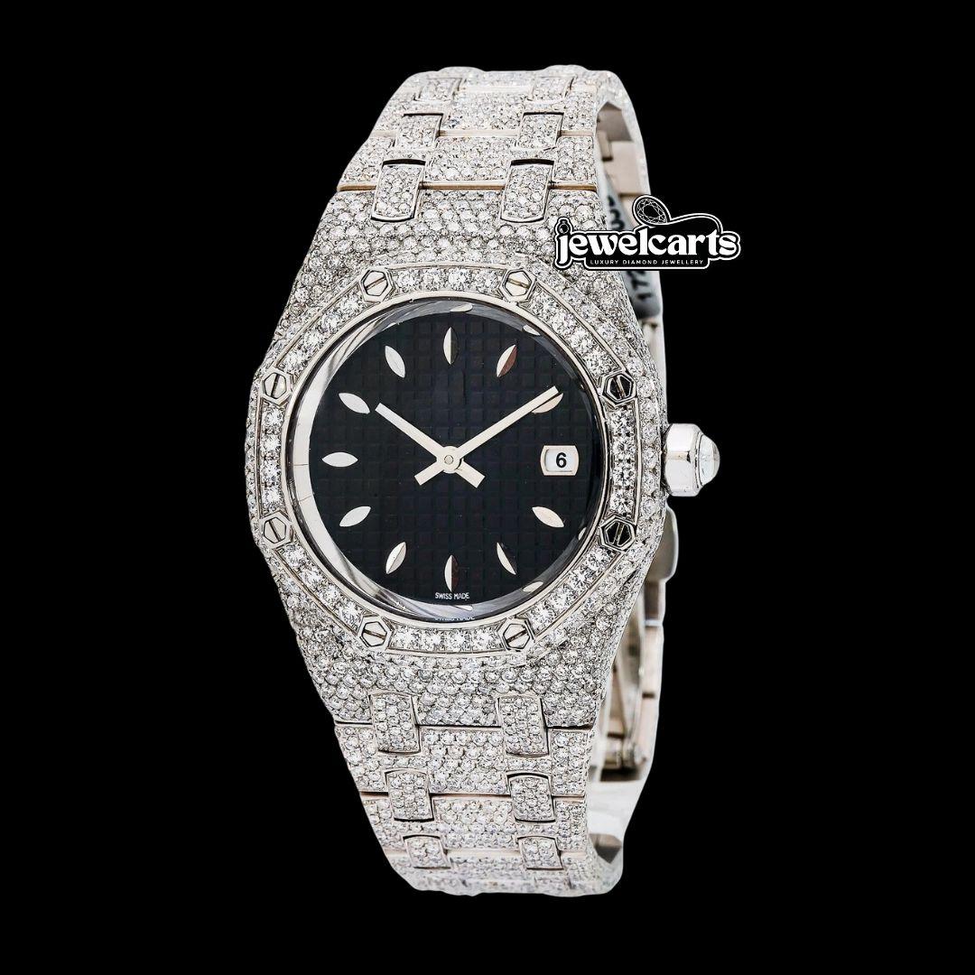 AP Royal Oak White Stick Markers Black Dial Fully Iced Out Moissanite Watch Front View