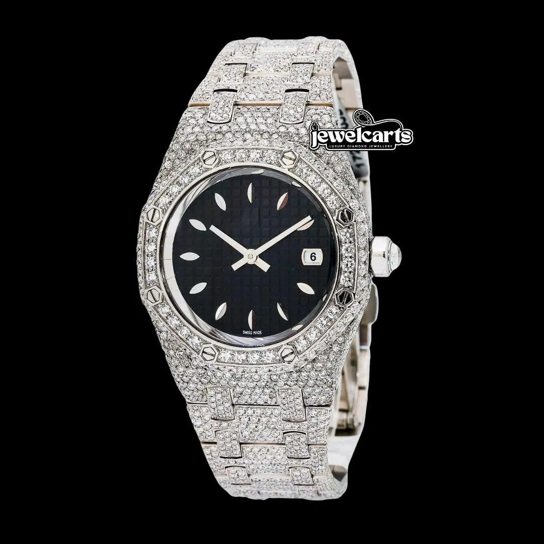 AP Royal Oak White Stick Markers Black Dial Fully Iced Out Moissanite Watch Front View