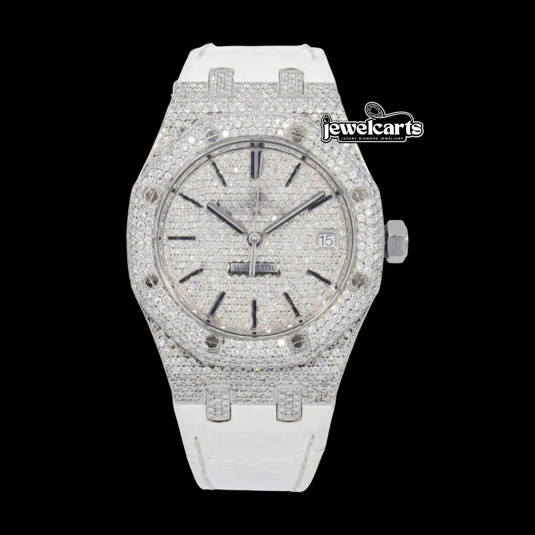 AP Stick Markers Dial White Leather Strap Semi Iced Out Moissanite Watch Front View