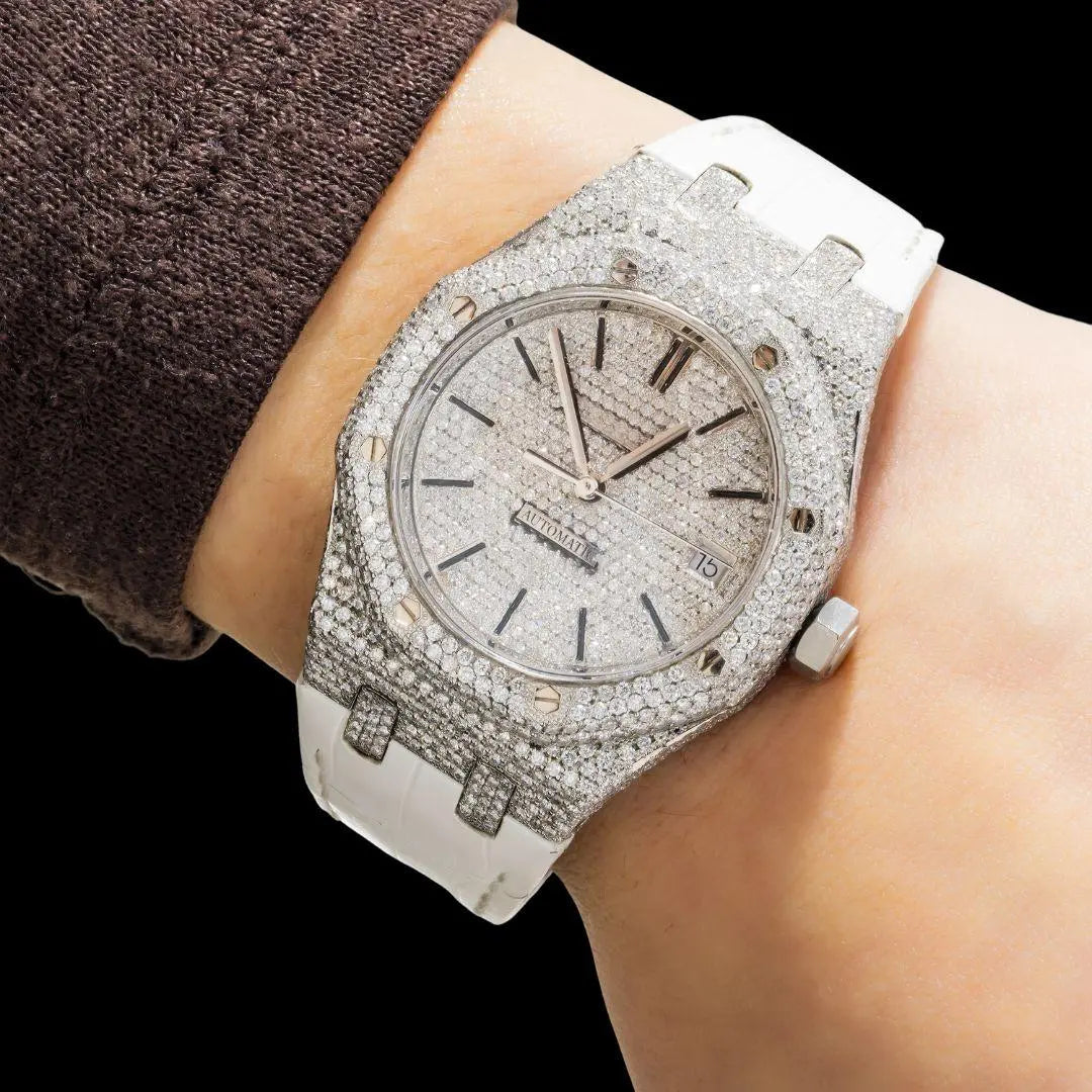 AP Stick Markers Dial White Leather Strap Semi Iced Out Moissanite Watch On Wrist View