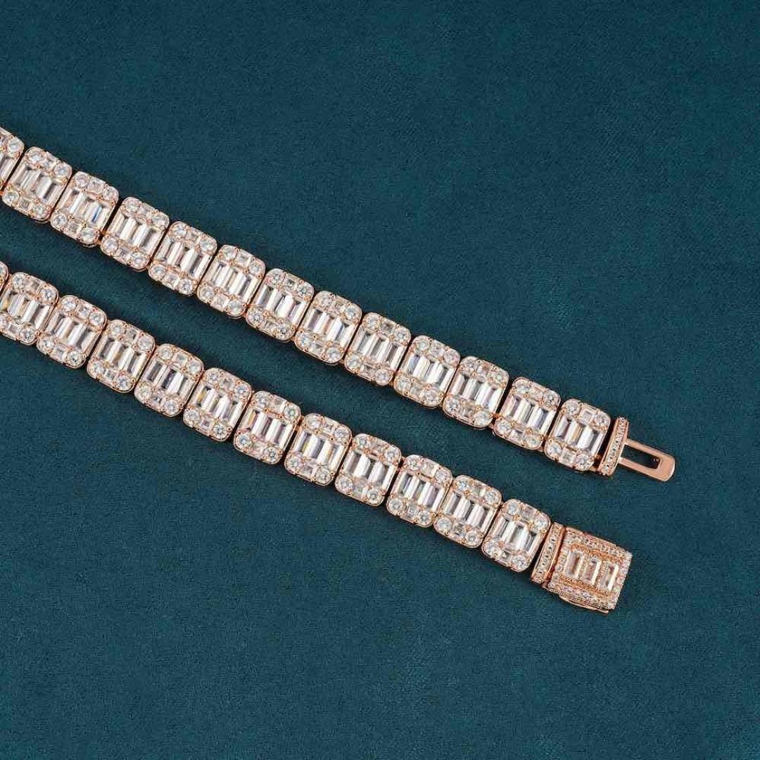 Baguette and Round Moissanite Tennis Necklace in 14K Rose Gold Clasp View