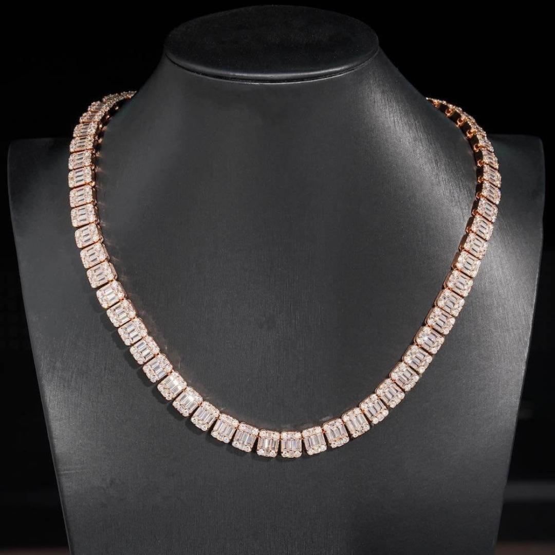 Baguette and Round Moissanite Tennis Necklace in 14K Rose Gold On Neck View
