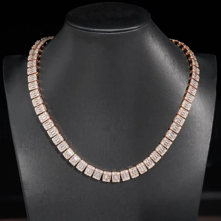 Baguette and Round Moissanite Tennis Necklace in 14K Rose Gold On Neck View