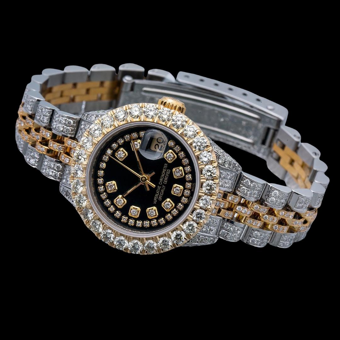 Black Dial Diamond Markers Rolex Datejust Two Tone Jubilee Strap Yellow Gold Iced Out Moissanite Watch Close Up Front View