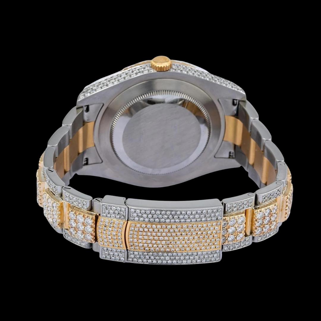 Black Roman Numerals Yellow Gold Diamond Paved Dial Two Tone Oyster Bracelet Iced Out Moissanite Watch Caseback View