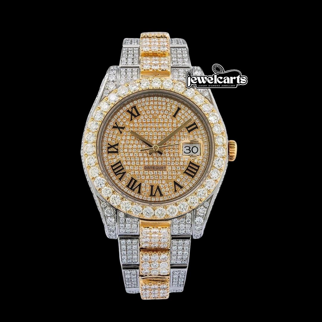 Black Roman Numerals Yellow Gold Diamond Paved Dial Two Tone Oyster Bracelet Iced Out Moissanite Watch Front View