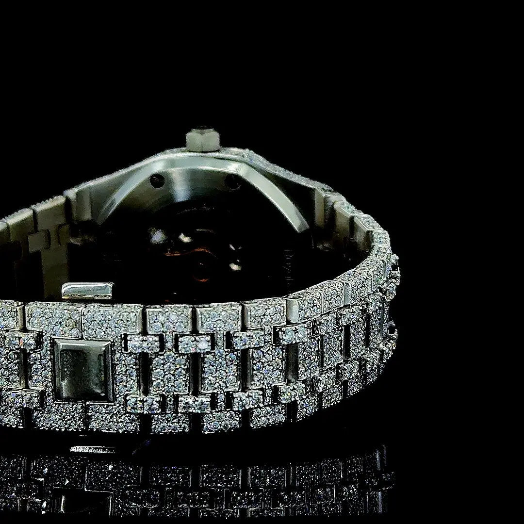 Black Stick Markers Dial AP Fully Iced Out Moissanite Watch Caseback View