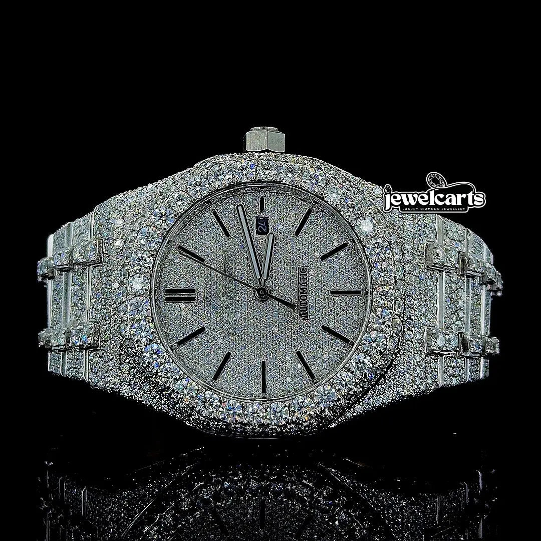 Black Stick Markers Dial AP Fully Iced Out Moissanite Watch Front View