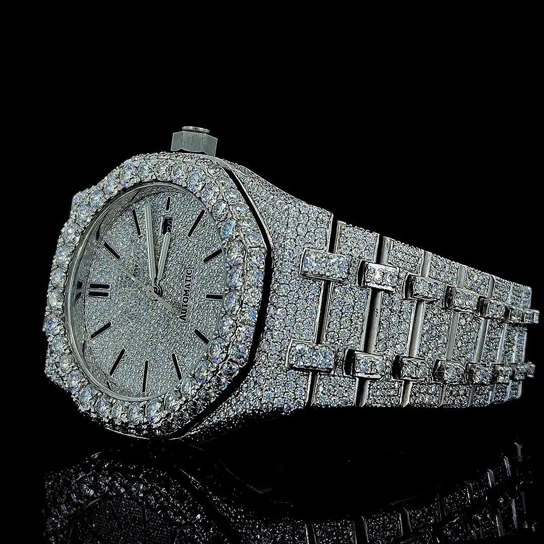 Black Stick Markers Dial AP Fully Iced Out Moissanite Watch Left Profile View