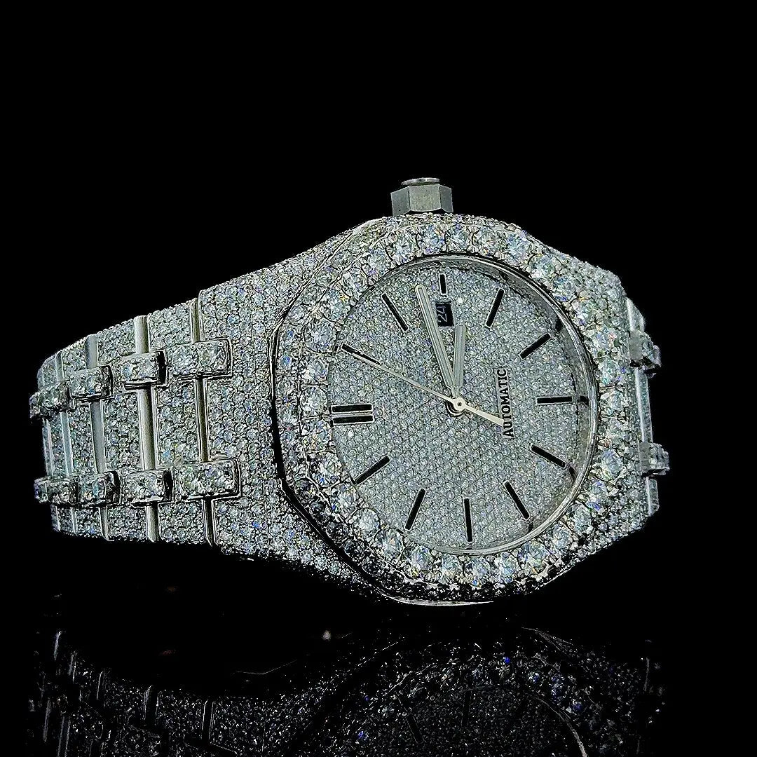 Black Stick Markers Dial AP Fully Iced Out Moissanite Watch Right Profile View