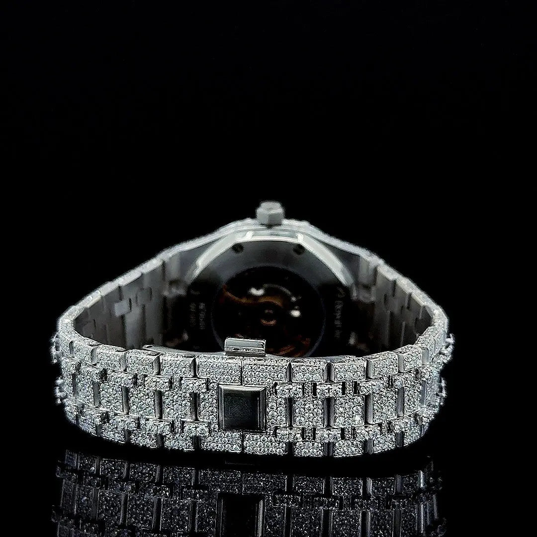 Black Stick Markers Diamond Dial AP Fully Iced Out Moissanite Watch Caseback View