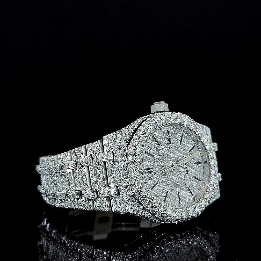 Black Stick Markers Diamond Dial AP Fully Iced Out Moissanite Watch Right Profile View
