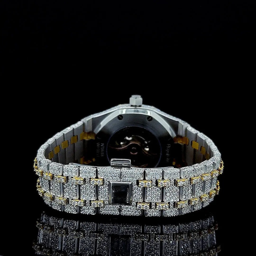 Black Stick Markers Diamond Dial Two Tone Iced Out Yellow Gold Moissanite Watch Caseback View
