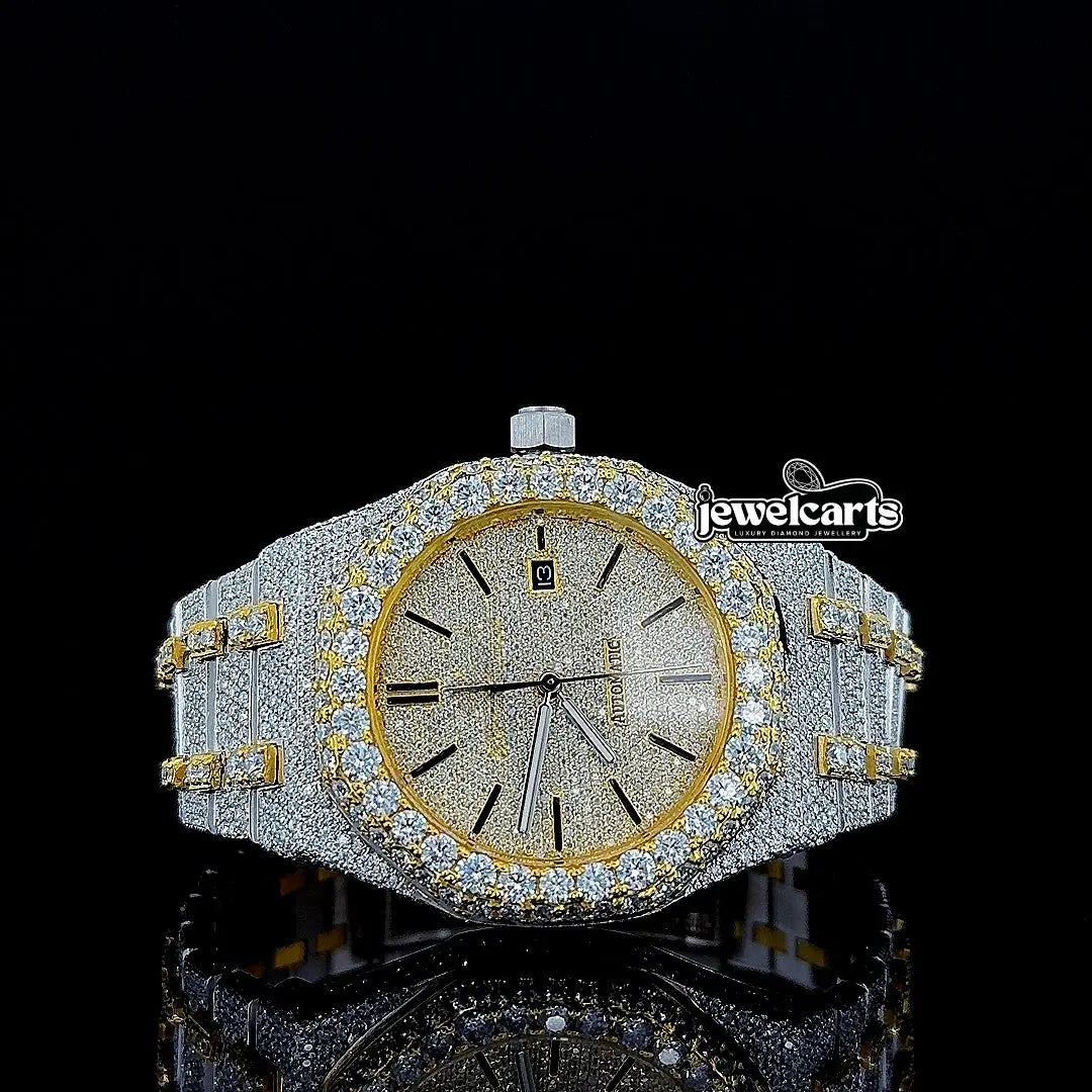 Black Stick Markers Diamond Dial Two Tone Iced Out Yellow Gold Moissanite Watch Front View