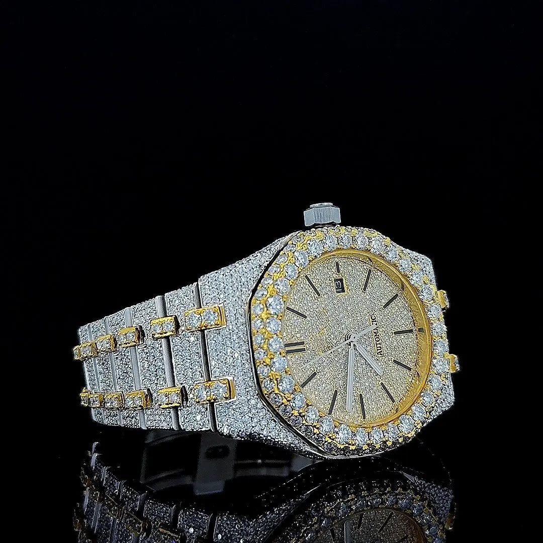 Black Stick Markers Diamond Dial Two Tone Iced Out Yellow Gold Moissanite Watch Right Profile View