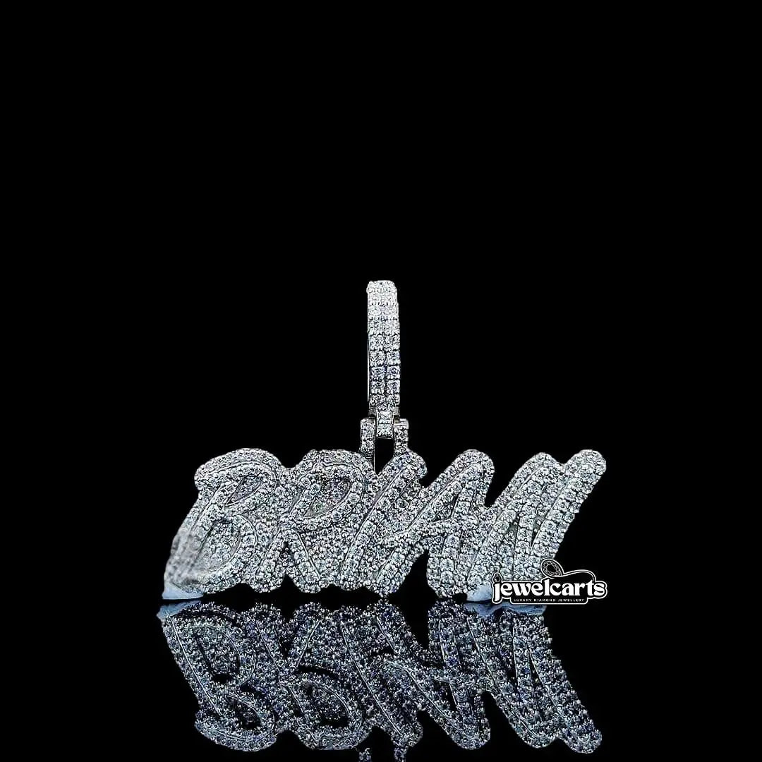 Brian Iced Script Moissanite Pendant in 925 Sterling Silver Front View