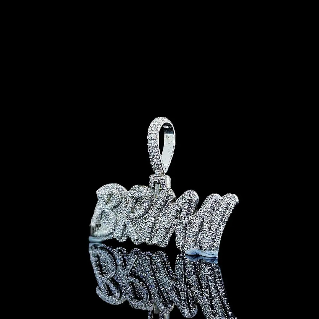 Brian Iced Script Moissanite Pendant in 925 Sterling Silver Left Profile View