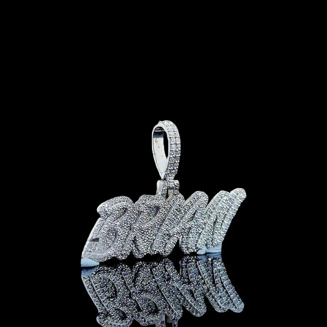 Brian Iced Script Moissanite Pendant in 925 Sterling Silver Right Profile View