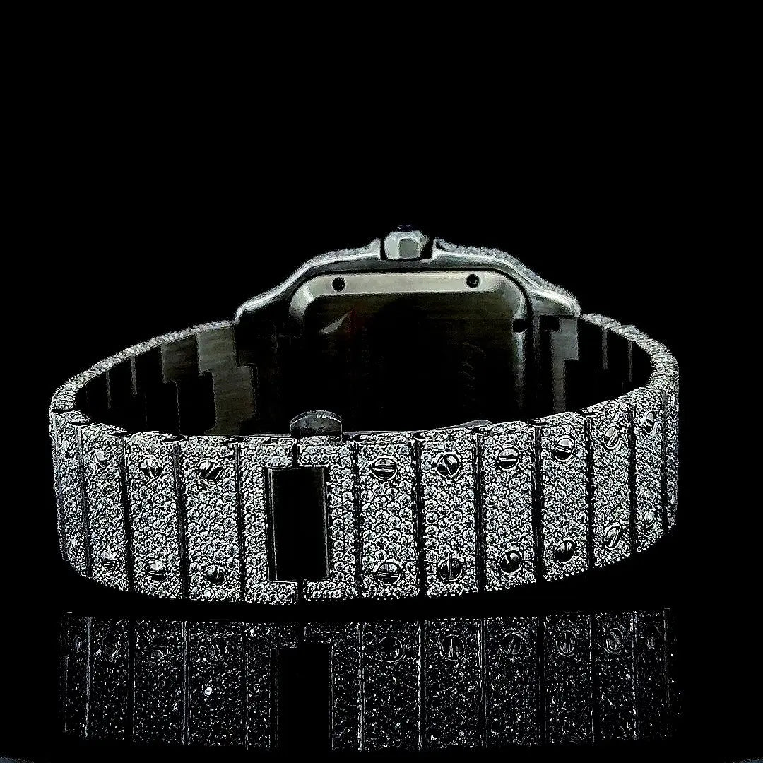 Cartier Black Roman Numerals Dial Fully Iced Out Moissanite Watch Caseback View