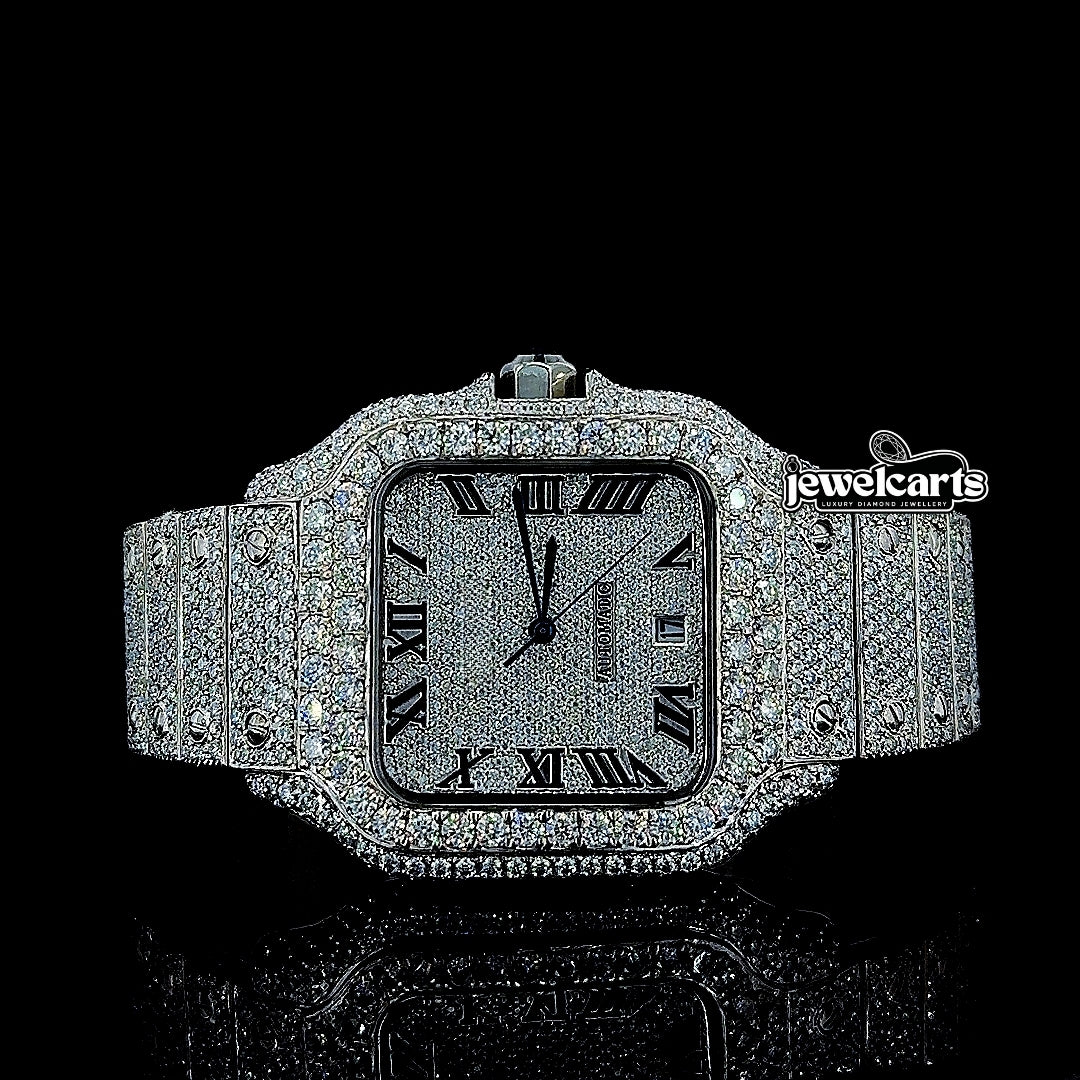 Cartier Black Roman Numerals Dial Fully Iced Out Moissanite Watch Front View