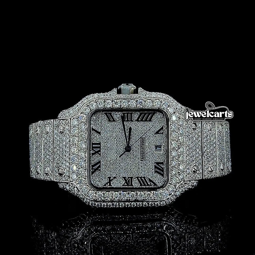 Cartier Black Roman Numerals Dial Fully Iced Out Moissanite Watch Front View