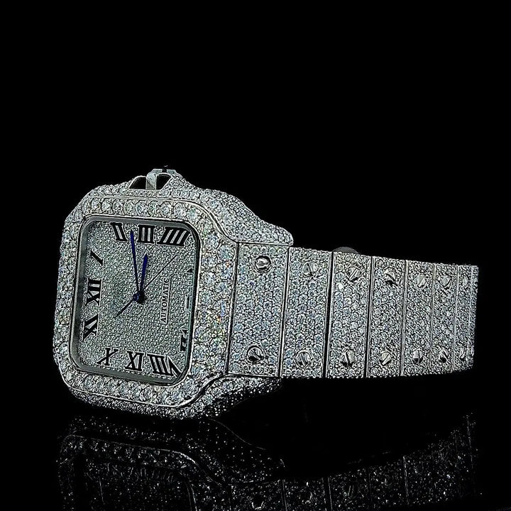 Cartier Black Roman Numerals Dial Fully Iced Out Moissanite Watch Left Profile View