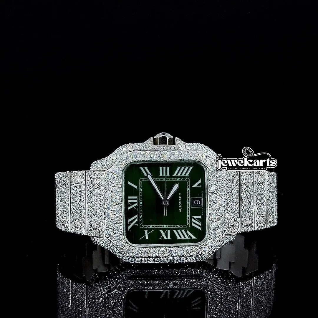 Cartier Green Roman Dial Fully Iced Out Moissanite Diamond Watch Front View