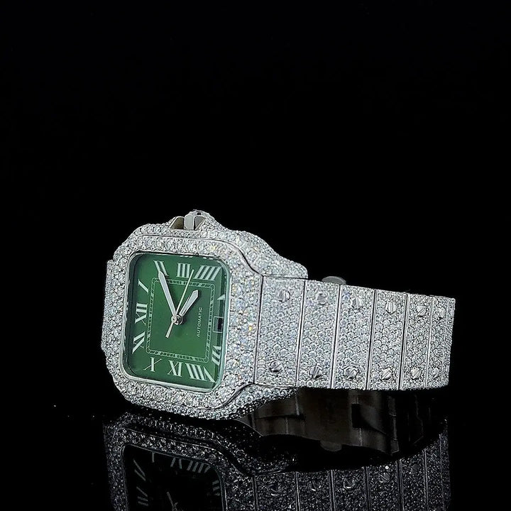 Cartier Green Roman Dial Fully Iced Out Moissanite Diamond Watch Left Profile View