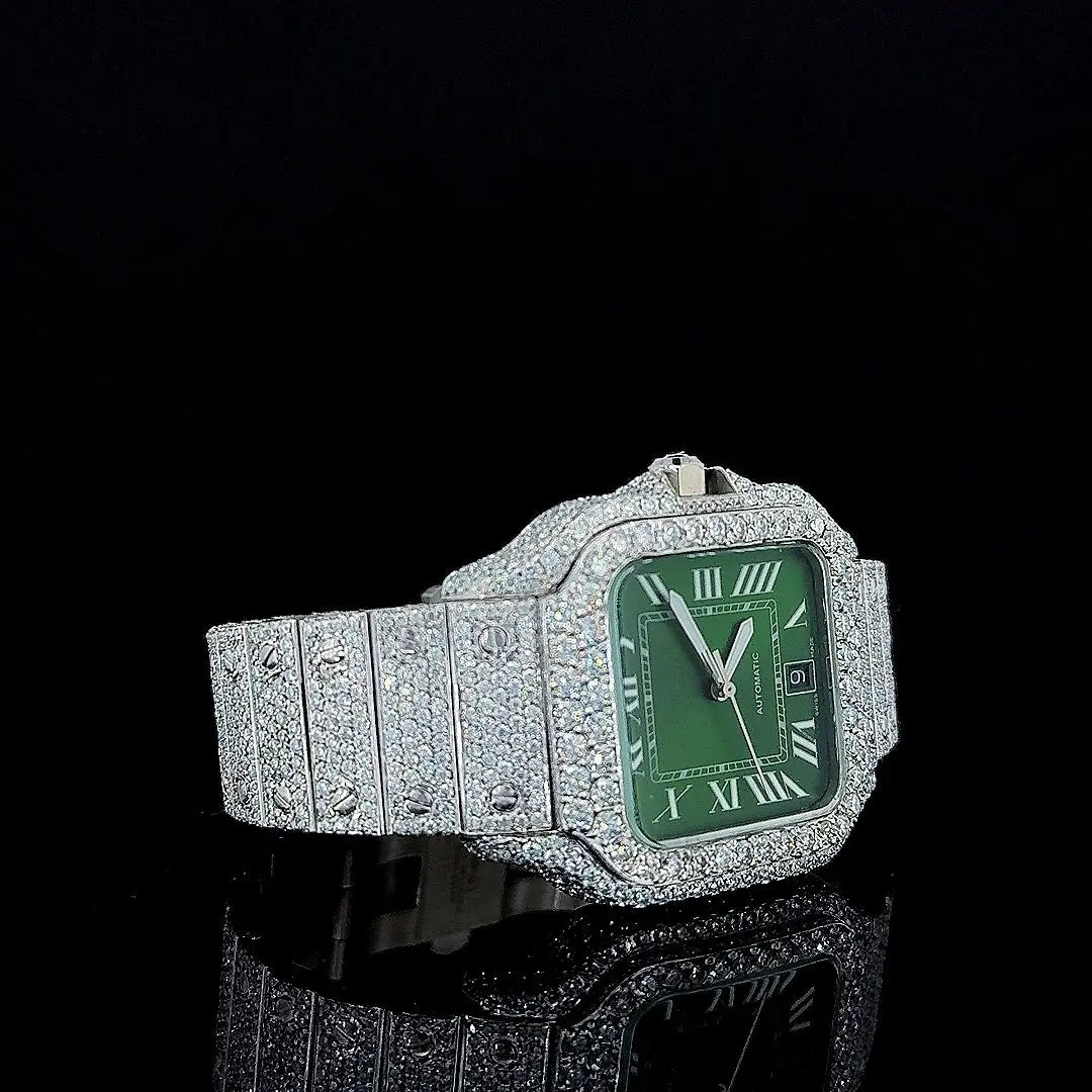 Cartier Green Roman Dial Fully Iced Out Moissanite Diamond Watch Right Profile View