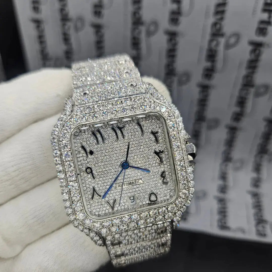 Cartier Santos Arabic Moissanite Watch Close Up Dial View