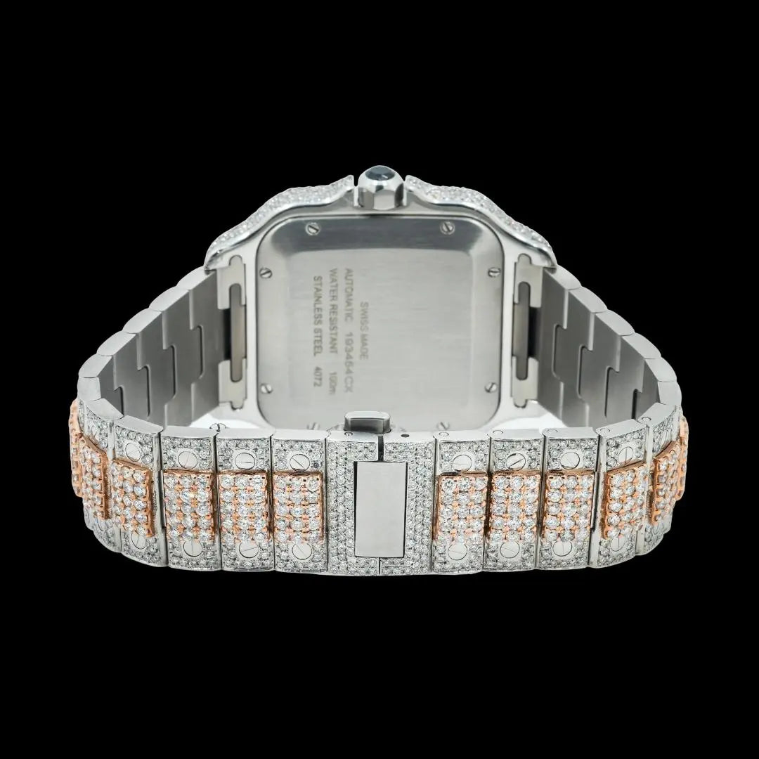 Cartier Santos Black Roman Numerals Dial Two Tone Rose Gold Diamond Block Bracelet Watch Caseback View